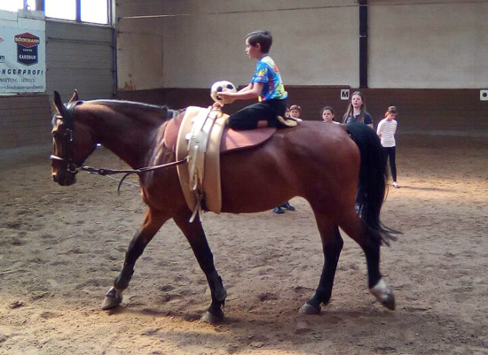 Pascal (5d) bei einer Gleichgewichtsübung zur Übung der Koordination mit Softball auf dem Pferd 